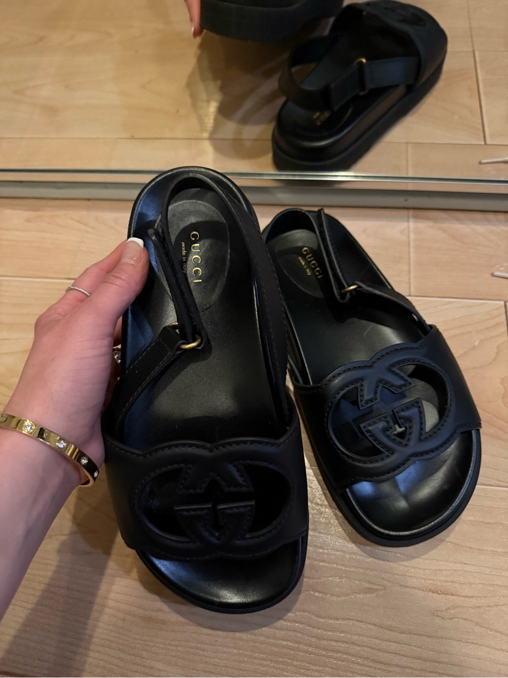 Gucci Black Leather Logo Slide Sandals with Ankle Strap